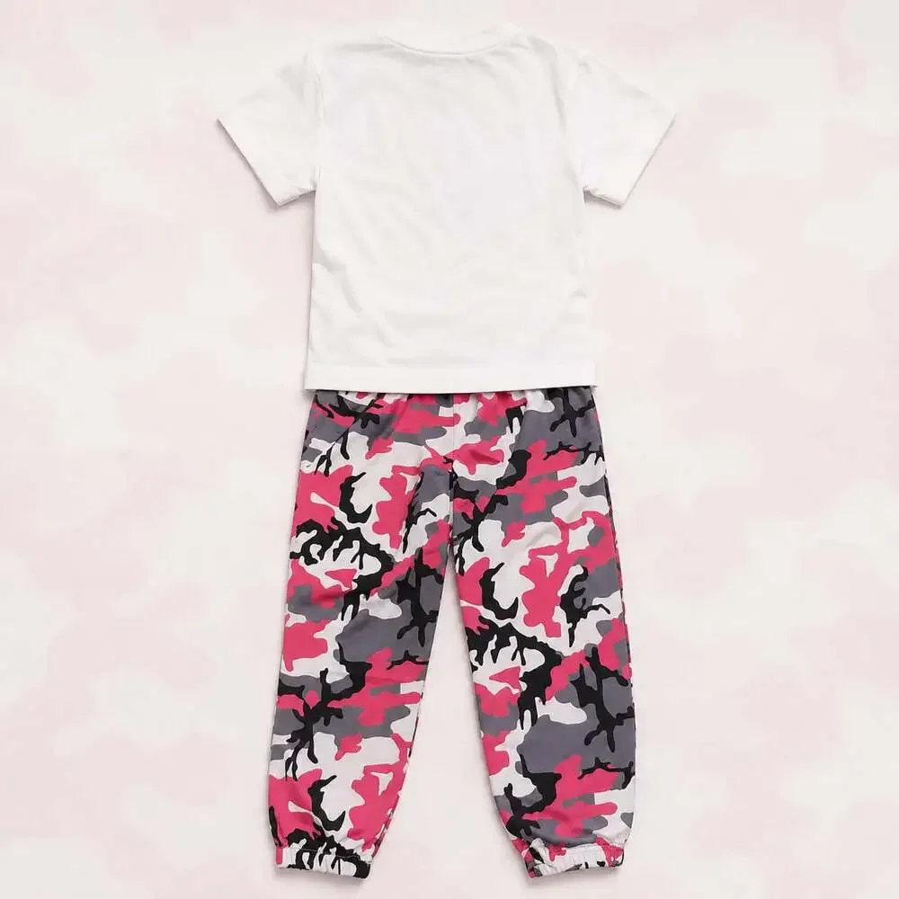 SHEIN Girls  2-Piece Outfit Short-Sleeve Graphic Top & Pink Camo Pants Size 4/5